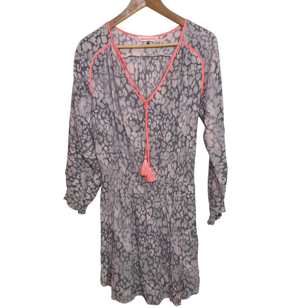 Rebecca Taylor Size 12 Leopard Print Chiffon Tassel Tie Smocked Waist Dress